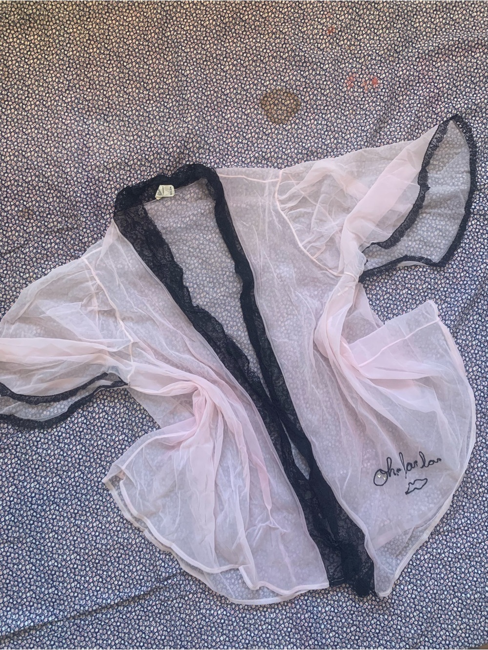 Vintage 60s BLANCHE Lingerie pink black lace vixen coquette oh la la bed jacket